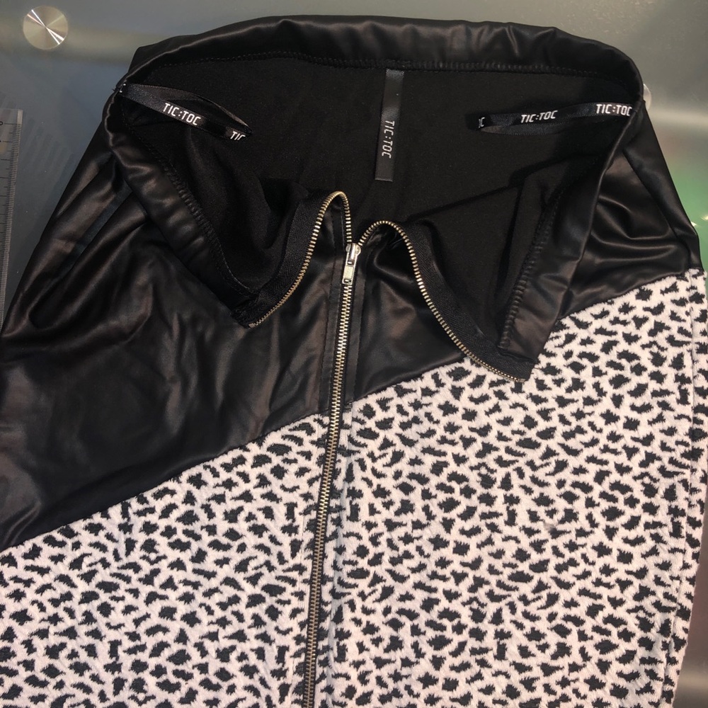 Black leather/White cheetah print pencil skirt